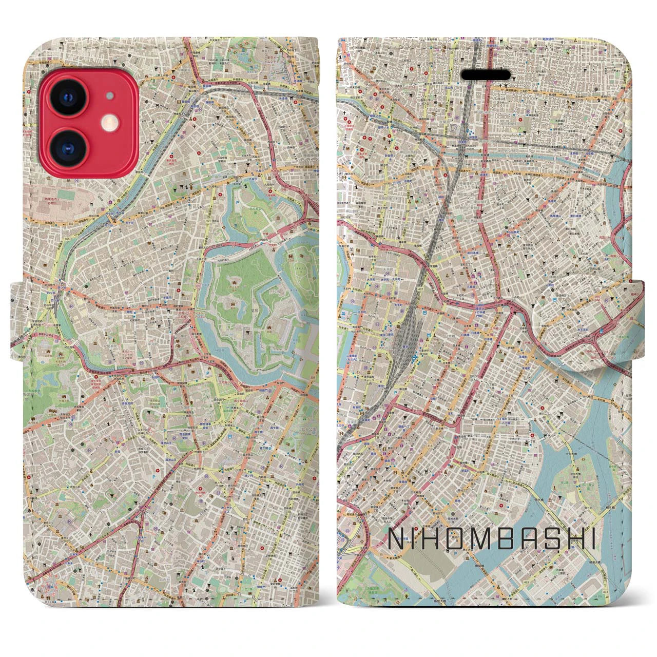 【日本橋】地図柄iPhoneケース（手帳両面タイプ・ナチュラル）iPhone 11 用