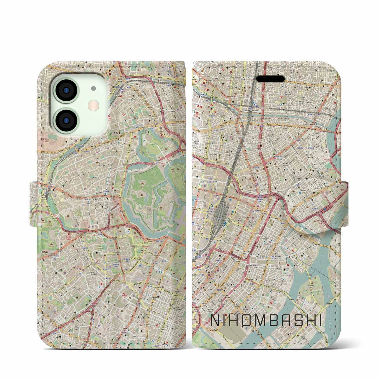【日本橋】地図柄iPhoneケース（手帳両面タイプ・ナチュラル）iPhone 12 mini 用