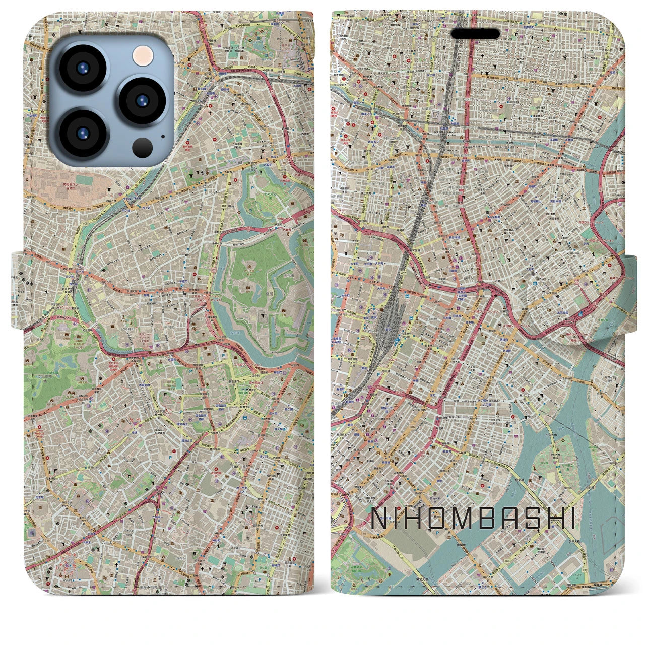 【日本橋】地図柄iPhoneケース（手帳両面タイプ・ナチュラル）iPhone 13 Pro Max 用