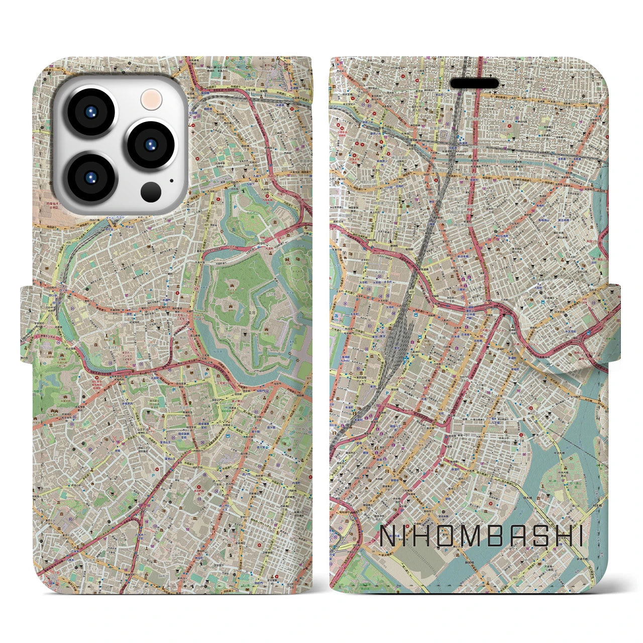 【日本橋】地図柄iPhoneケース（手帳両面タイプ・ナチュラル）iPhone 13 Pro 用