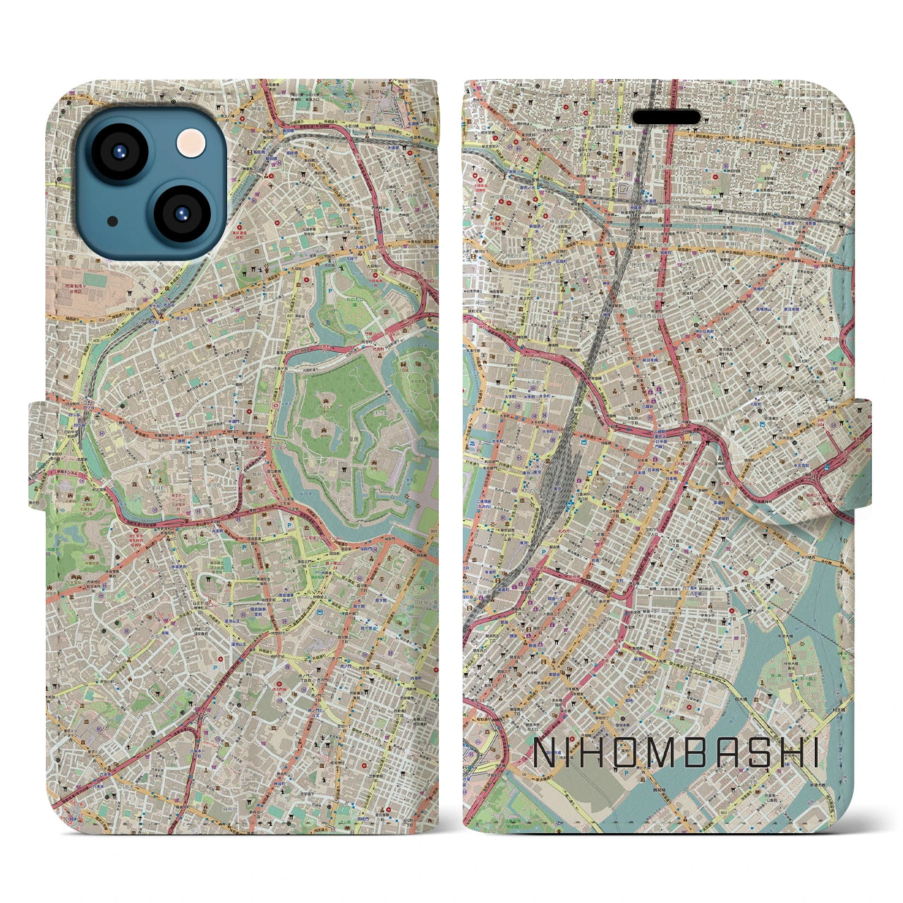 【日本橋】地図柄iPhoneケース（手帳両面タイプ・ナチュラル）iPhone 13 用