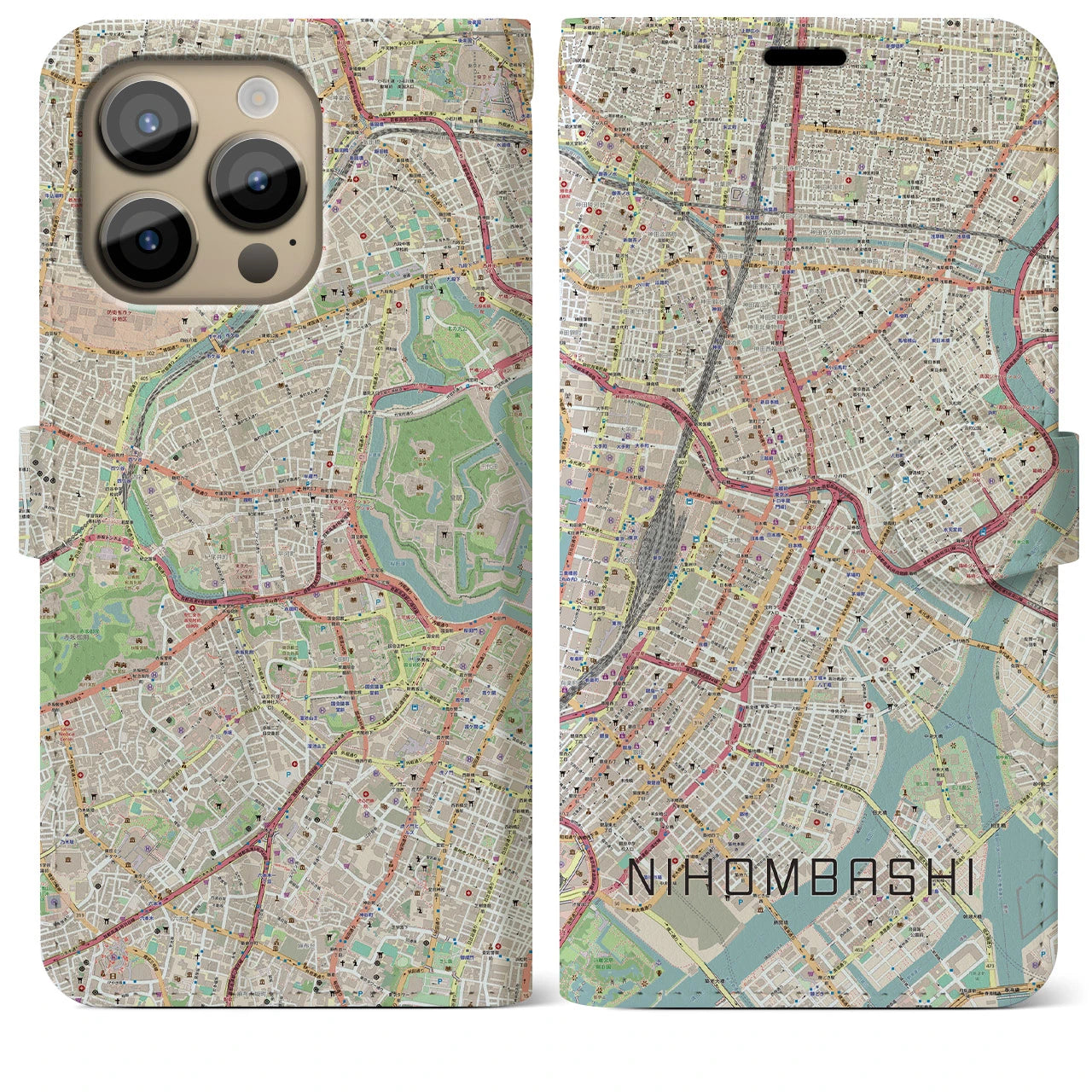 【日本橋】地図柄iPhoneケース（手帳両面タイプ・ナチュラル）iPhone 14 Pro Max 用