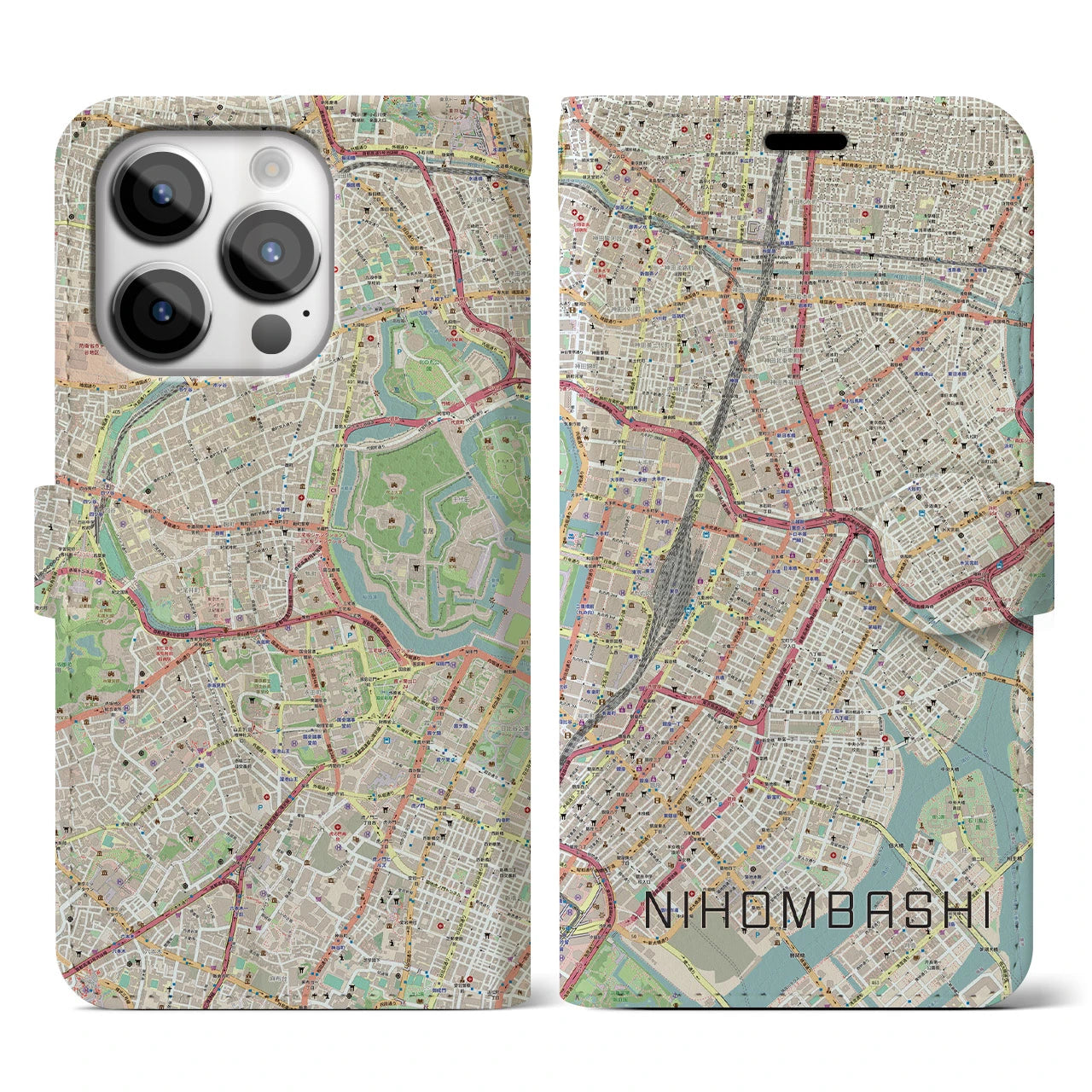 【日本橋】地図柄iPhoneケース（手帳両面タイプ・ナチュラル）iPhone 14 Pro 用