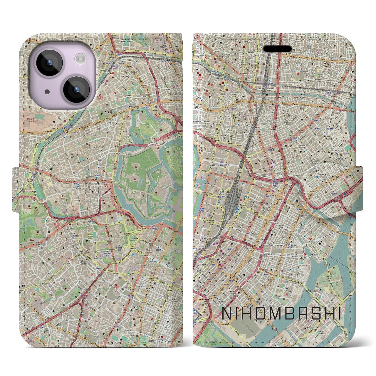 【日本橋】地図柄iPhoneケース（手帳両面タイプ・ナチュラル）iPhone 14 用