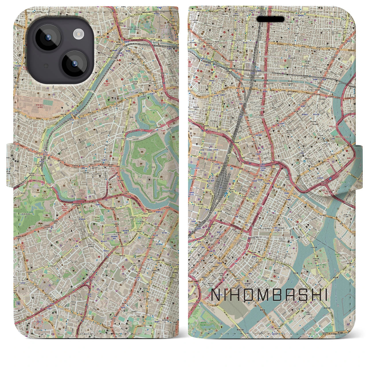 【日本橋】地図柄iPhoneケース（手帳両面タイプ・ナチュラル）iPhone 14 Plus 用