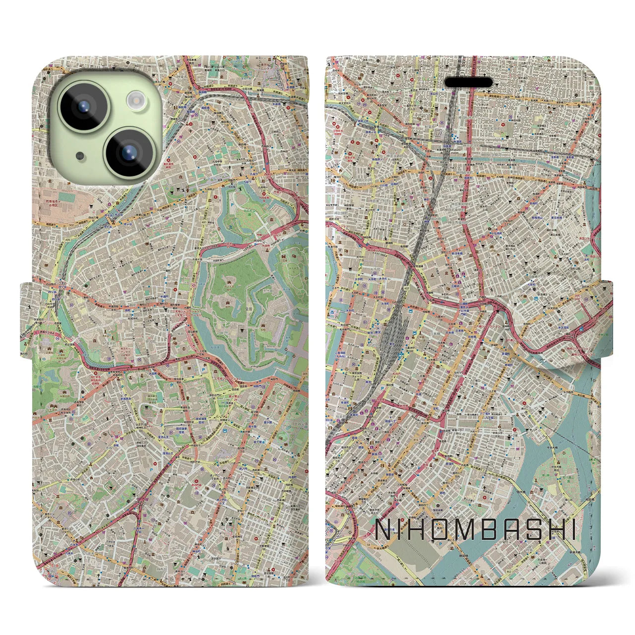 【日本橋】地図柄iPhoneケース（手帳両面タイプ・ナチュラル）iPhone 15 用