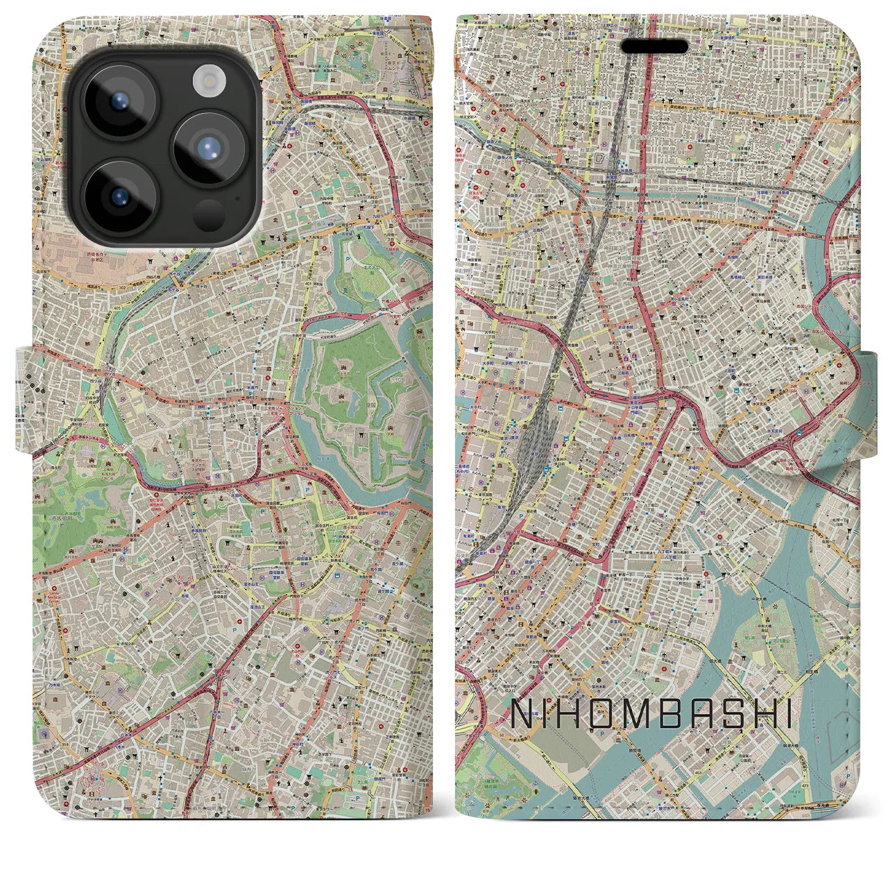 【日本橋】地図柄iPhoneケース（手帳両面タイプ・ナチュラル）iPhone 15 Pro Max 用