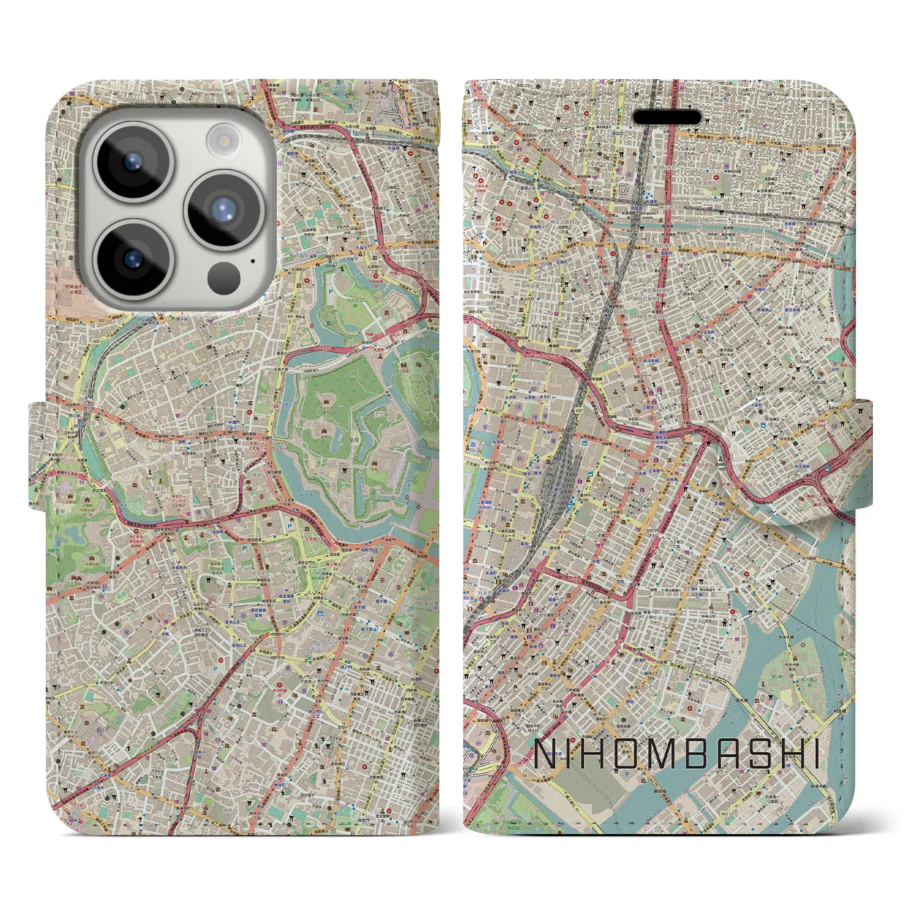 【日本橋】地図柄iPhoneケース（手帳両面タイプ・ナチュラル）iPhone 15 Pro 用