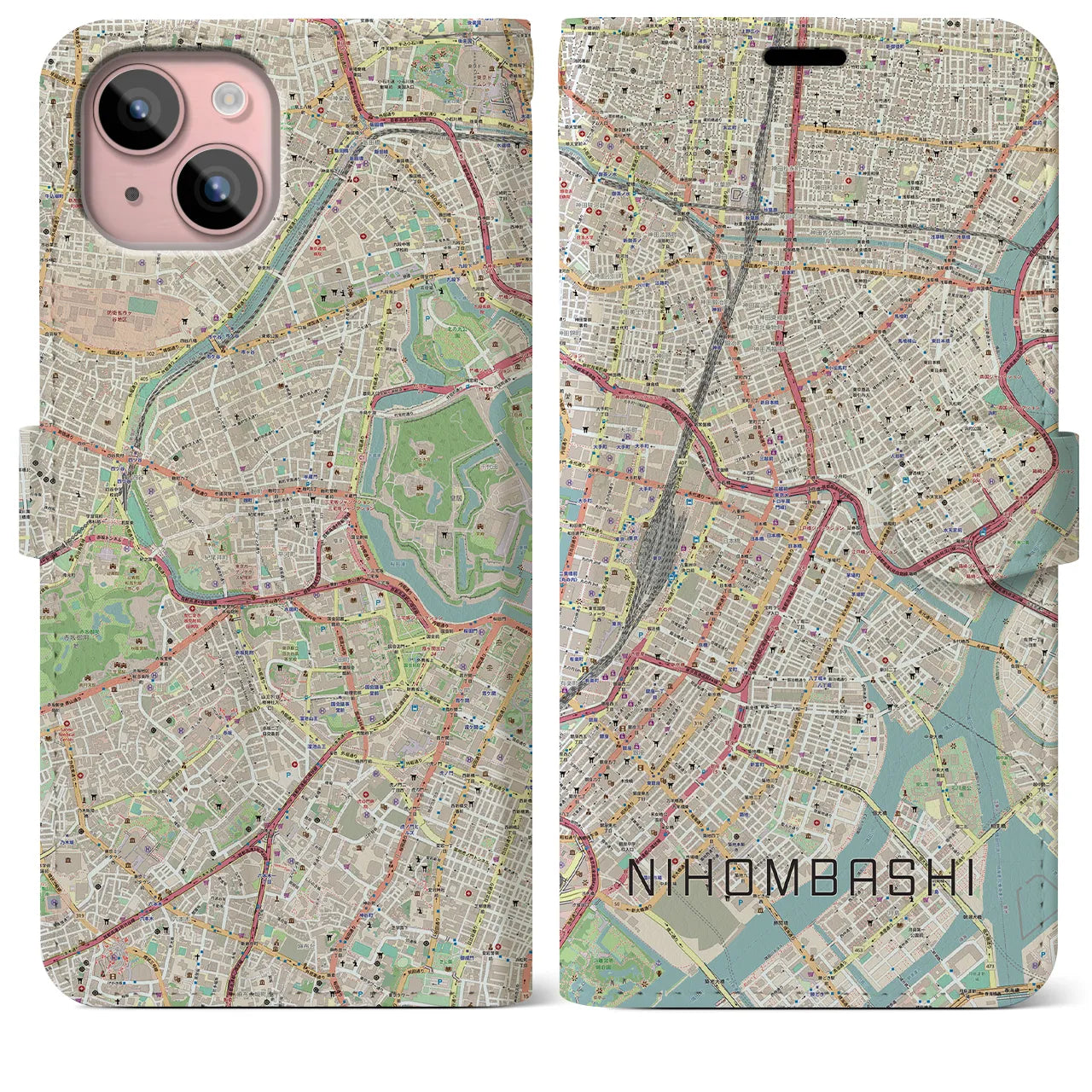 【日本橋】地図柄iPhoneケース（手帳両面タイプ・ナチュラル）iPhone 15 Plus 用