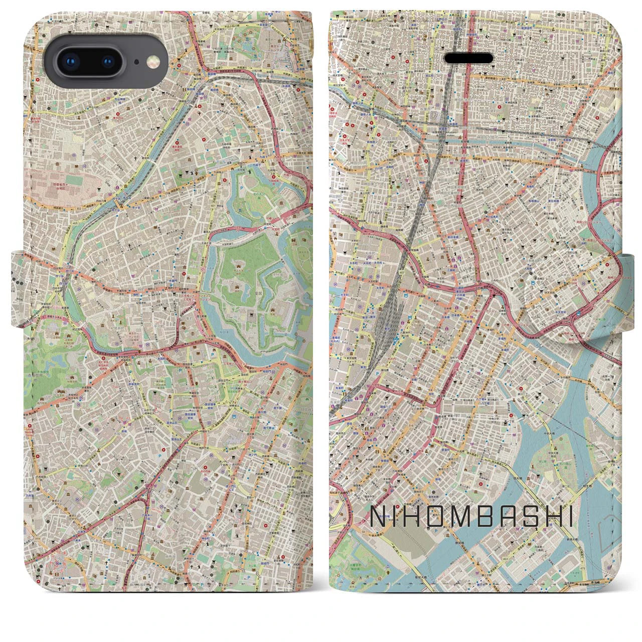 【日本橋】地図柄iPhoneケース（手帳両面タイプ・ナチュラル）iPhone 8Plus /7Plus / 6sPlus / 6Plus 用