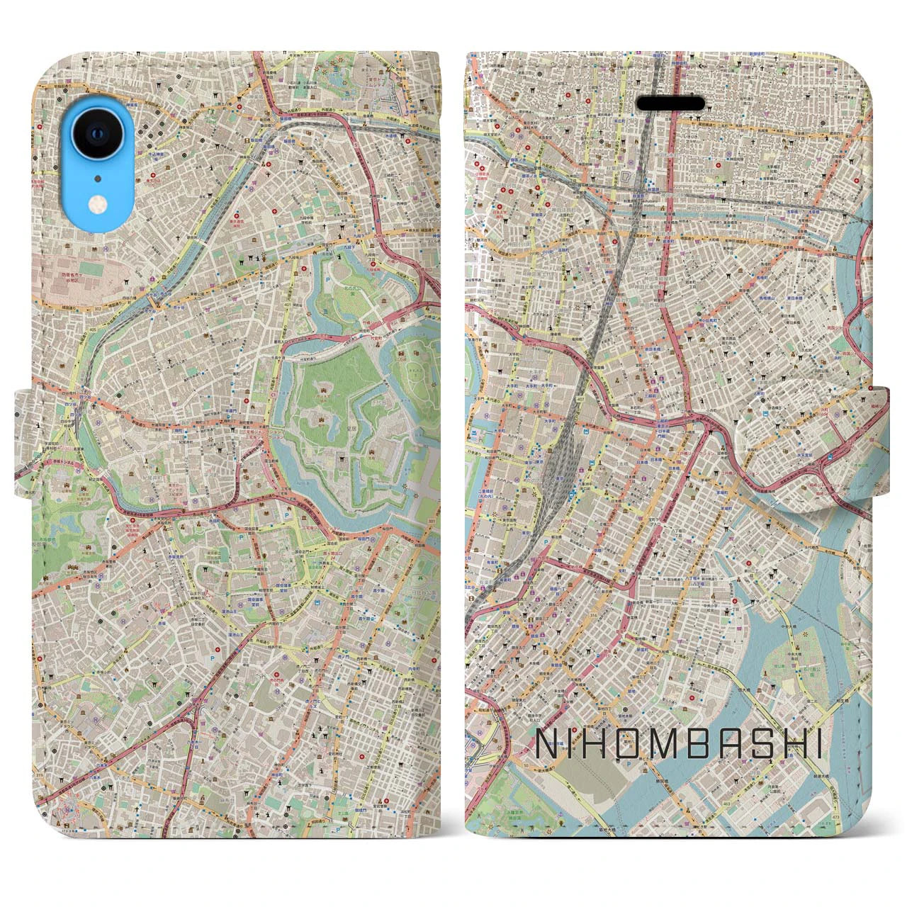 【日本橋】地図柄iPhoneケース（手帳両面タイプ・ナチュラル）iPhone XR 用