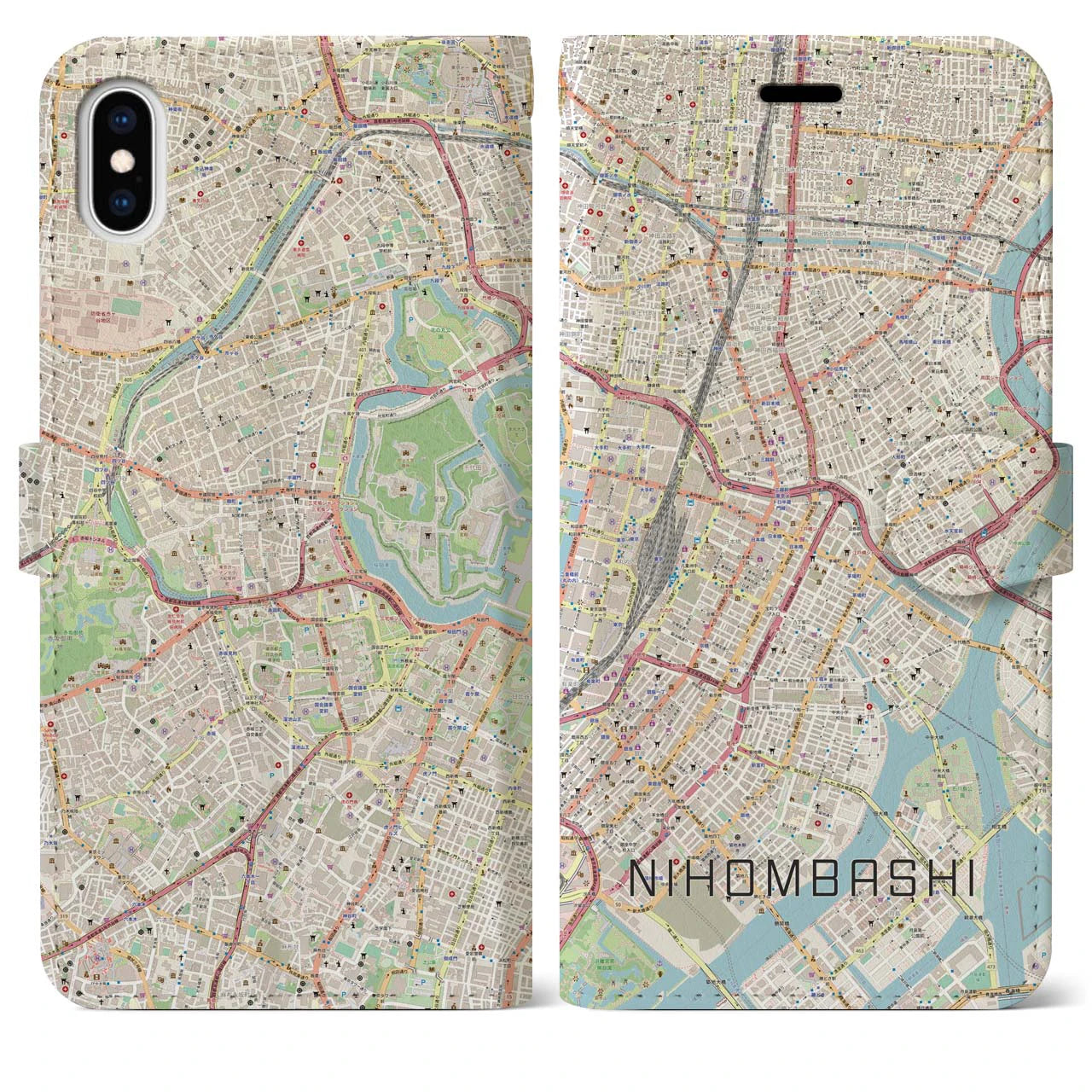 【日本橋】地図柄iPhoneケース（手帳両面タイプ・ナチュラル）iPhone XS Max 用