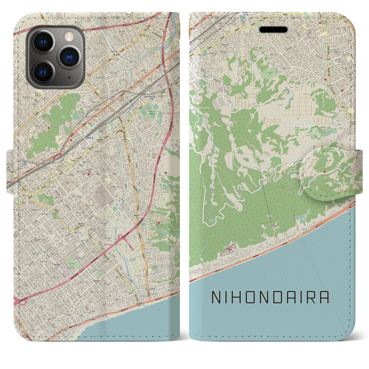 【日本平】地図柄iPhoneケース（手帳両面タイプ・ナチュラル）iPhone 11 Pro Max 用