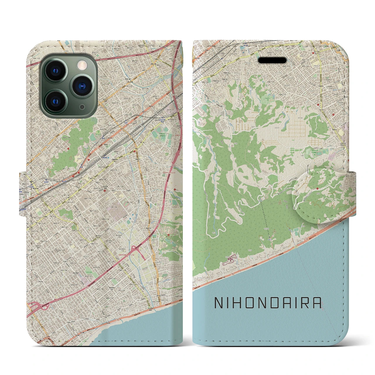 【日本平】地図柄iPhoneケース（手帳両面タイプ・ナチュラル）iPhone 11 Pro 用