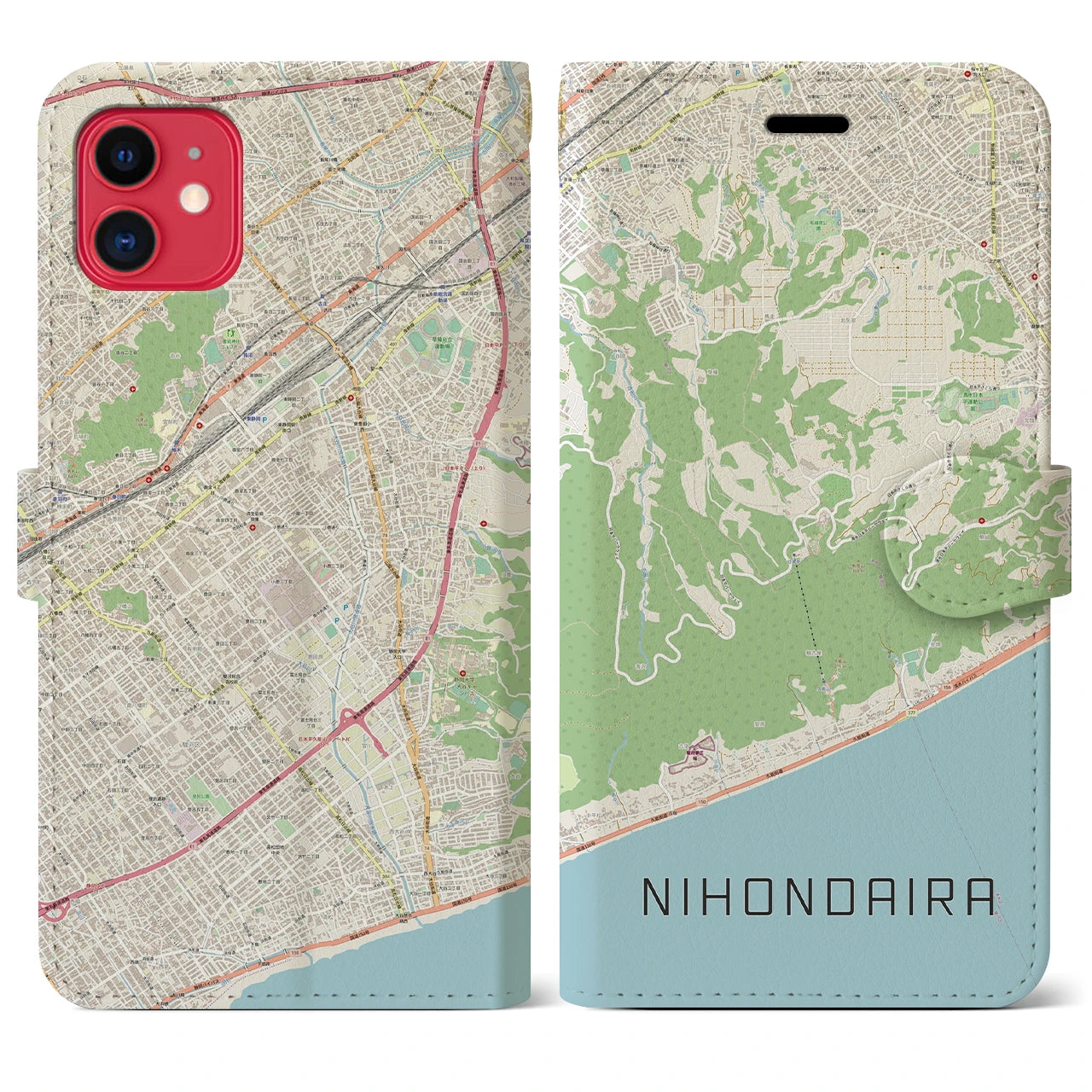 【日本平】地図柄iPhoneケース（手帳両面タイプ・ナチュラル）iPhone 11 用