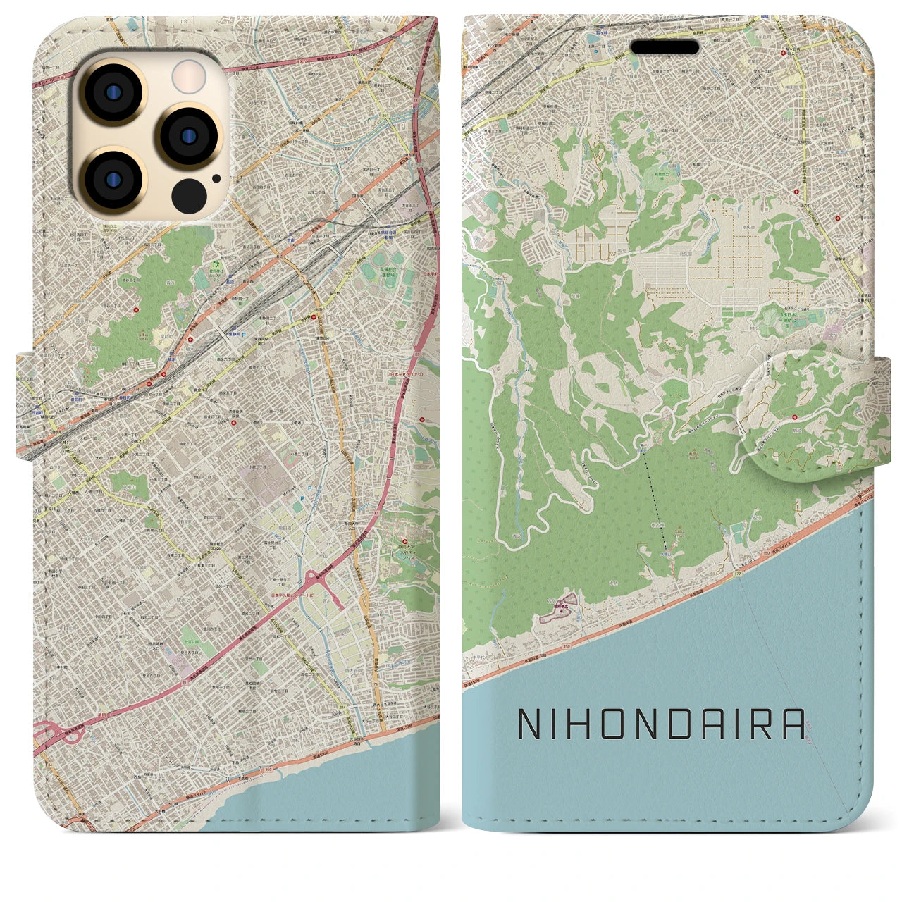 【日本平】地図柄iPhoneケース（手帳両面タイプ・ナチュラル）iPhone 12 Pro Max 用