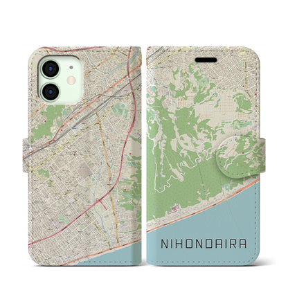 【日本平（静岡県）】地図柄iPhoneケース（手帳タイプ）ナチュラル・iPhone 12 mini 用