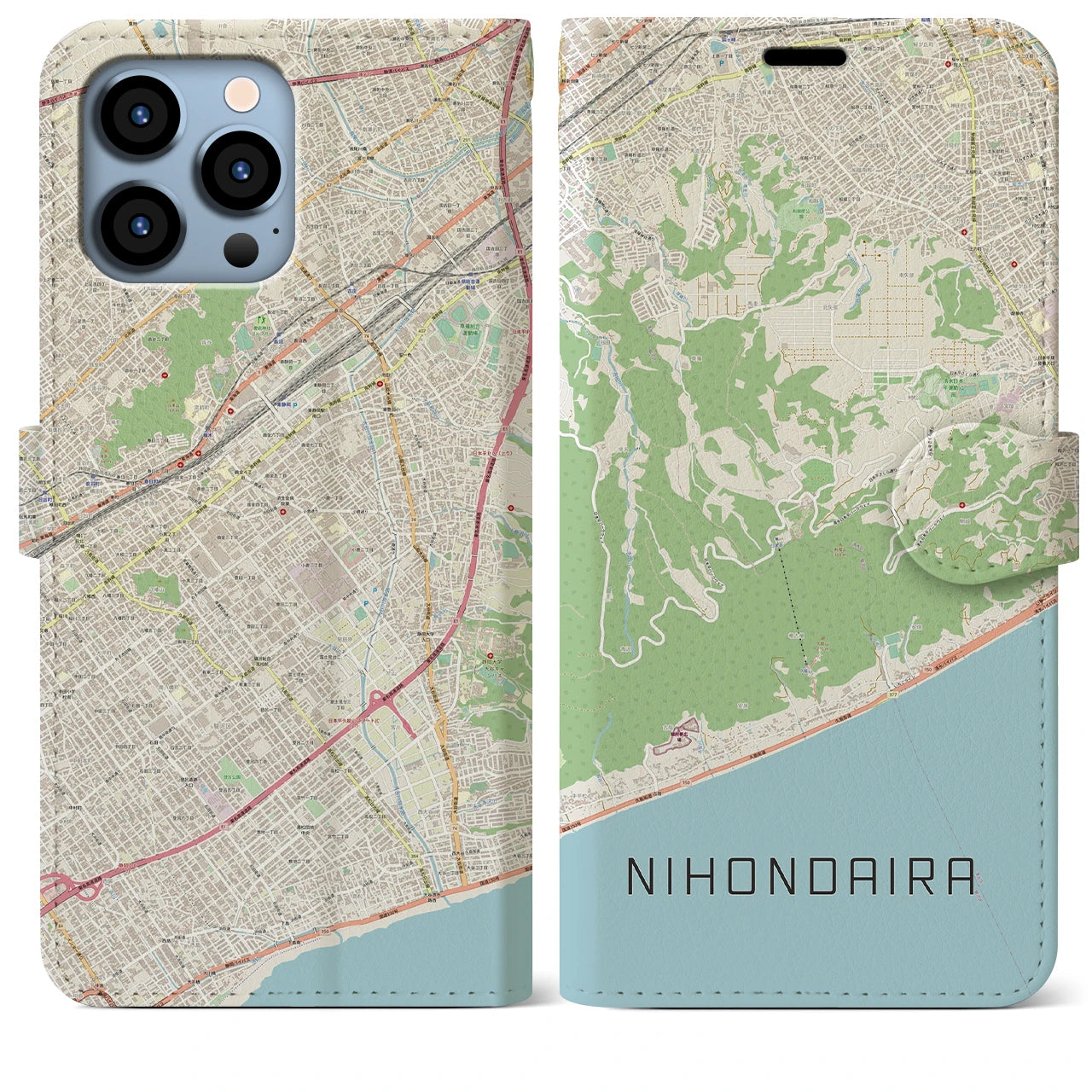 【日本平】地図柄iPhoneケース（手帳両面タイプ・ナチュラル）iPhone 13 Pro Max 用