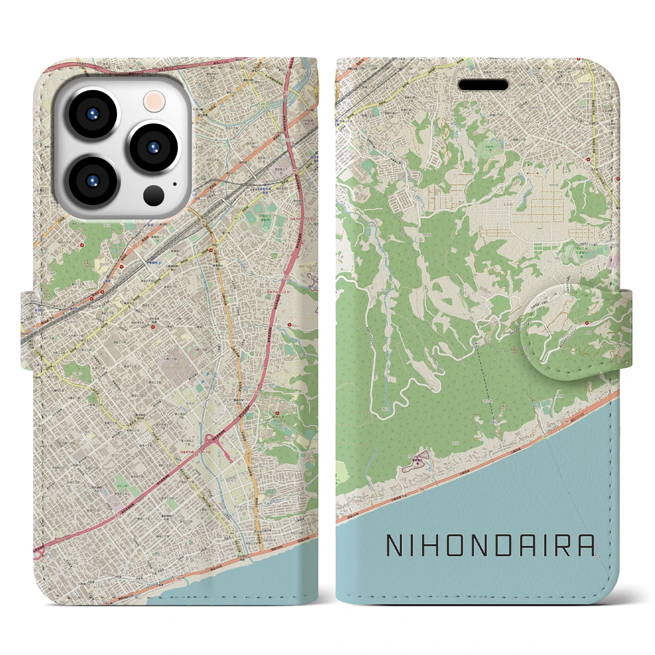 【日本平】地図柄iPhoneケース（手帳両面タイプ・ナチュラル）iPhone 13 Pro 用