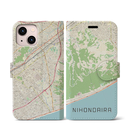 【日本平（静岡県）】地図柄iPhoneケース（手帳タイプ）ナチュラル・iPhone 13 mini 用