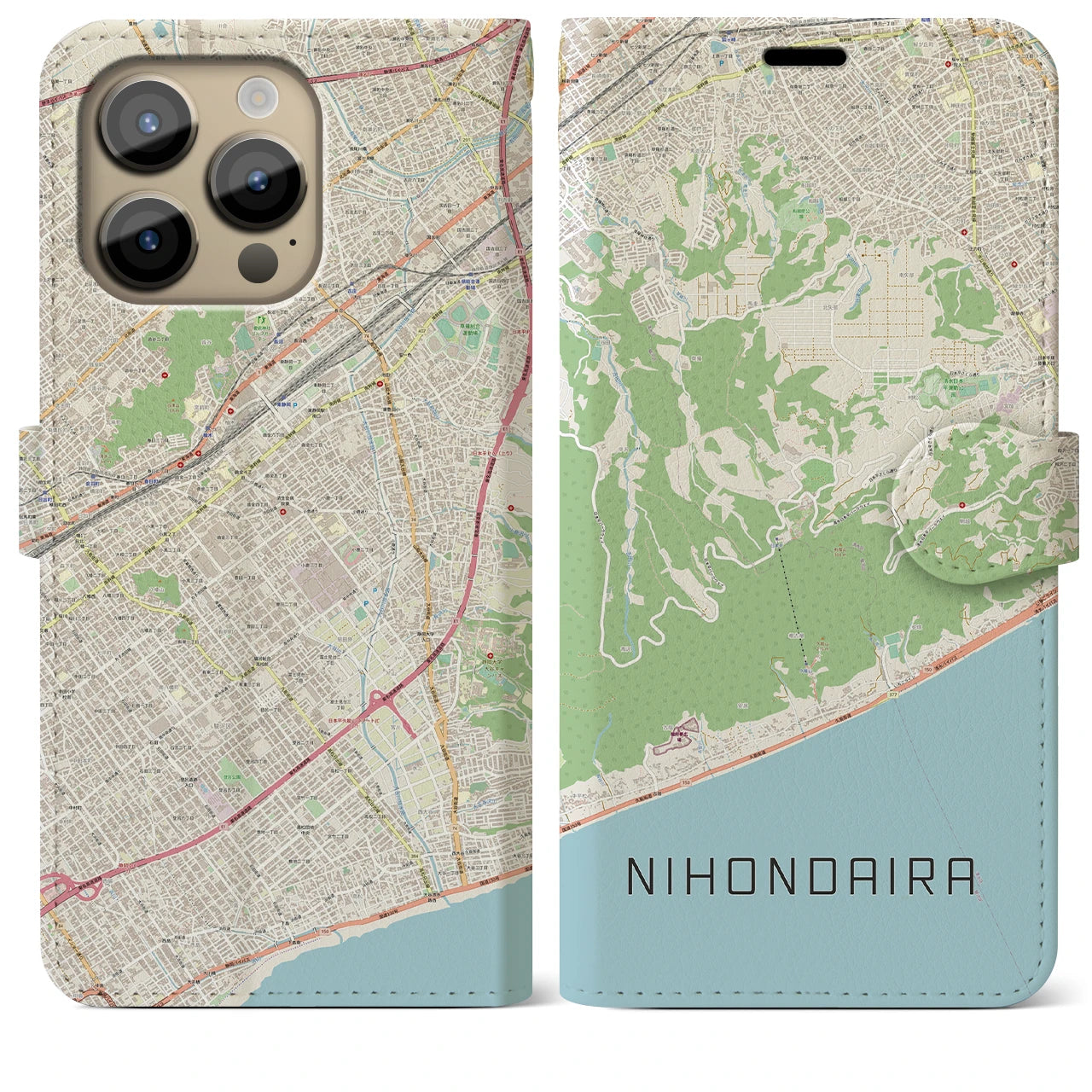 【日本平】地図柄iPhoneケース（手帳両面タイプ・ナチュラル）iPhone 14 Pro Max 用