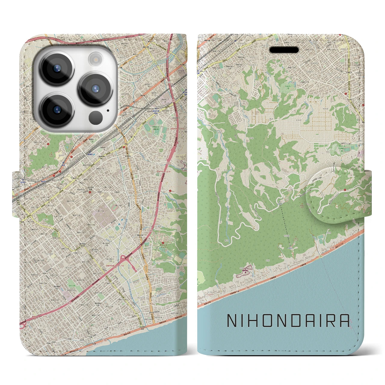 【日本平】地図柄iPhoneケース（手帳両面タイプ・ナチュラル）iPhone 14 Pro 用