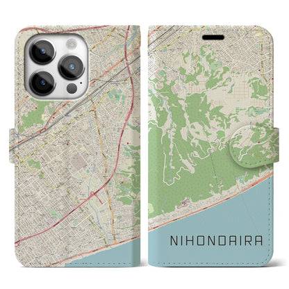 【日本平（静岡県）】地図柄iPhoneケース（手帳タイプ）ナチュラル・iPhone 14 Pro 用