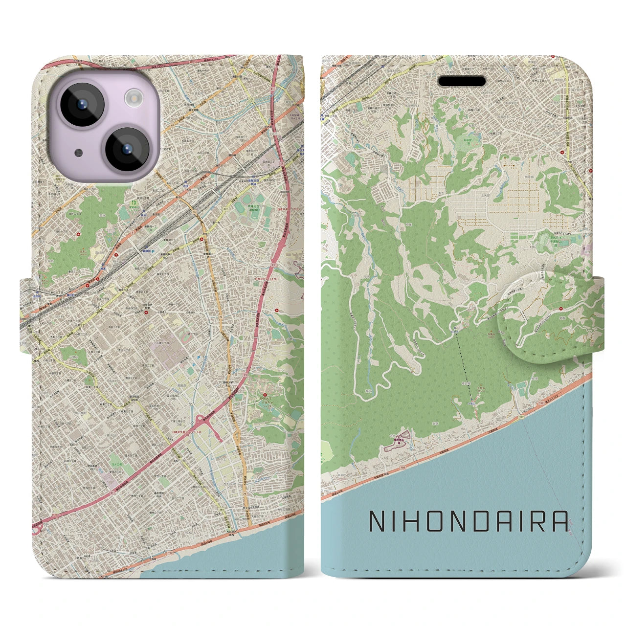 【日本平】地図柄iPhoneケース（手帳両面タイプ・ナチュラル）iPhone 14 用