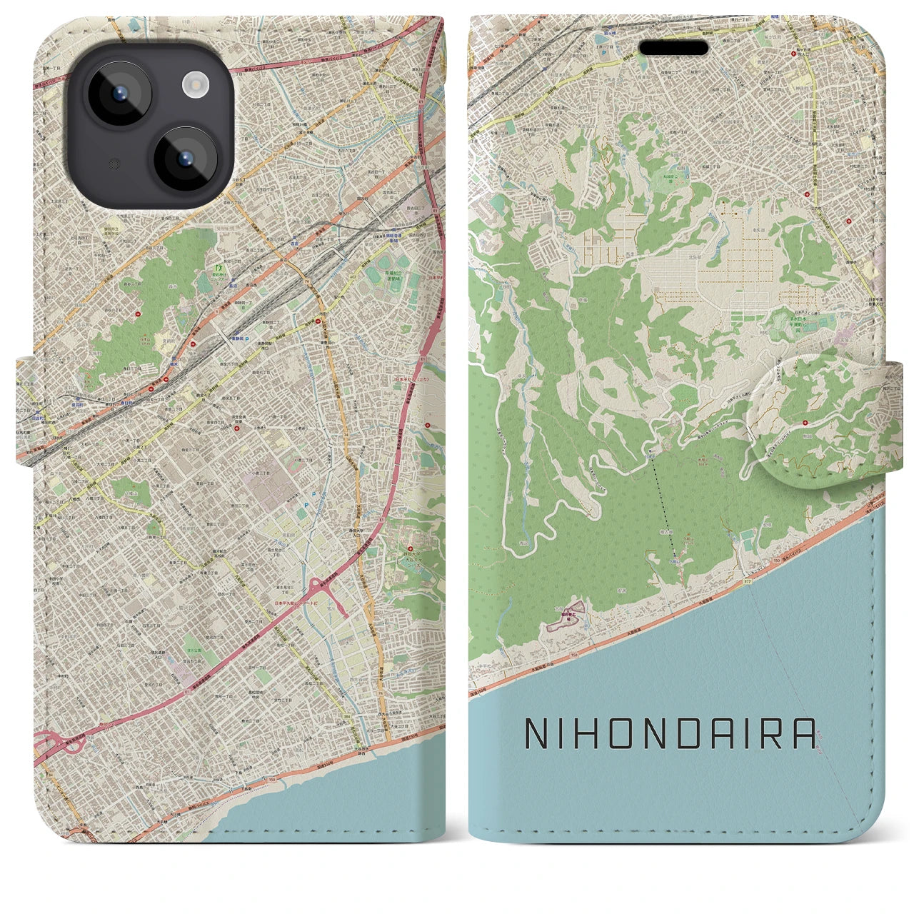 【日本平】地図柄iPhoneケース（手帳両面タイプ・ナチュラル）iPhone 14 Plus 用