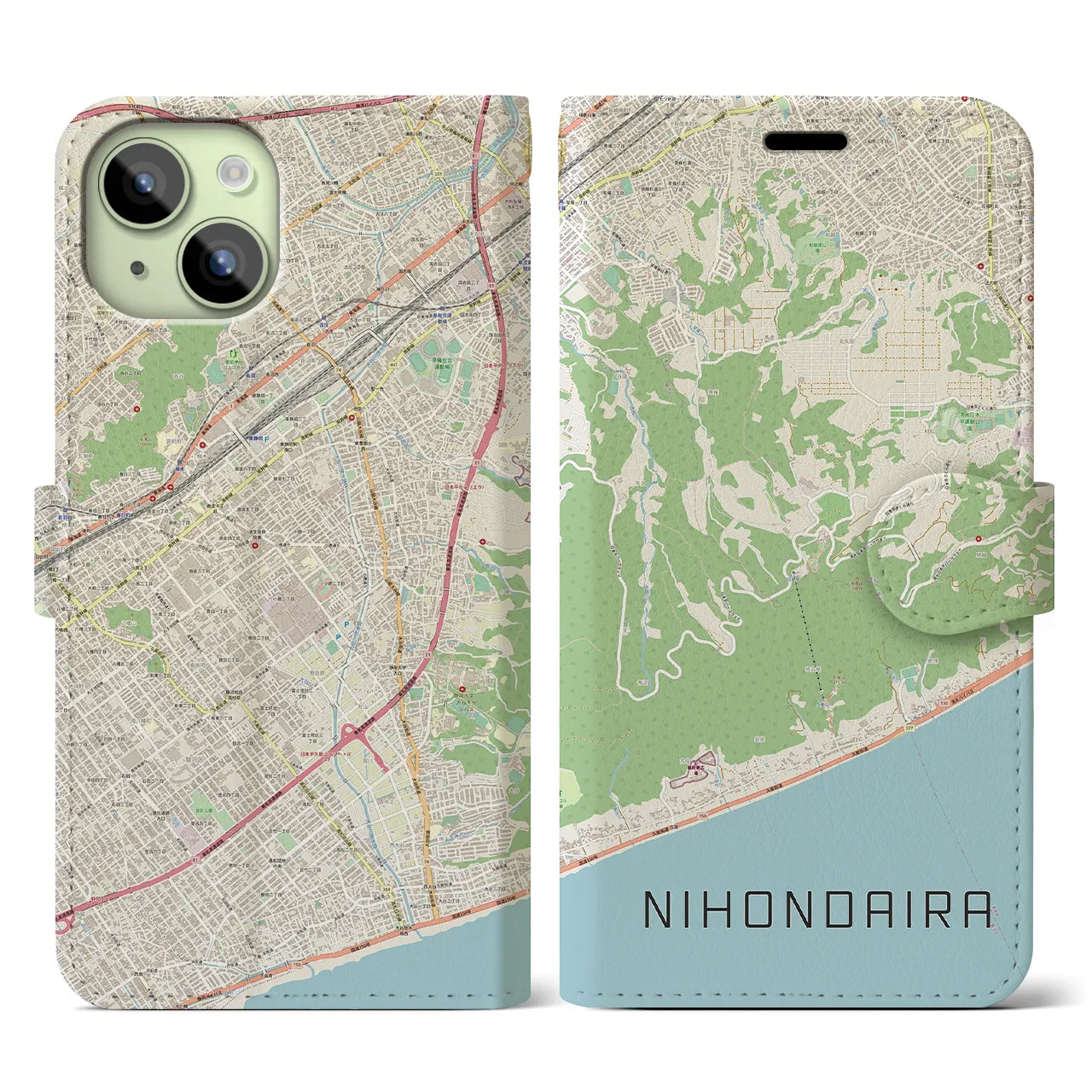 【日本平】地図柄iPhoneケース（手帳両面タイプ・ナチュラル）iPhone 15 用