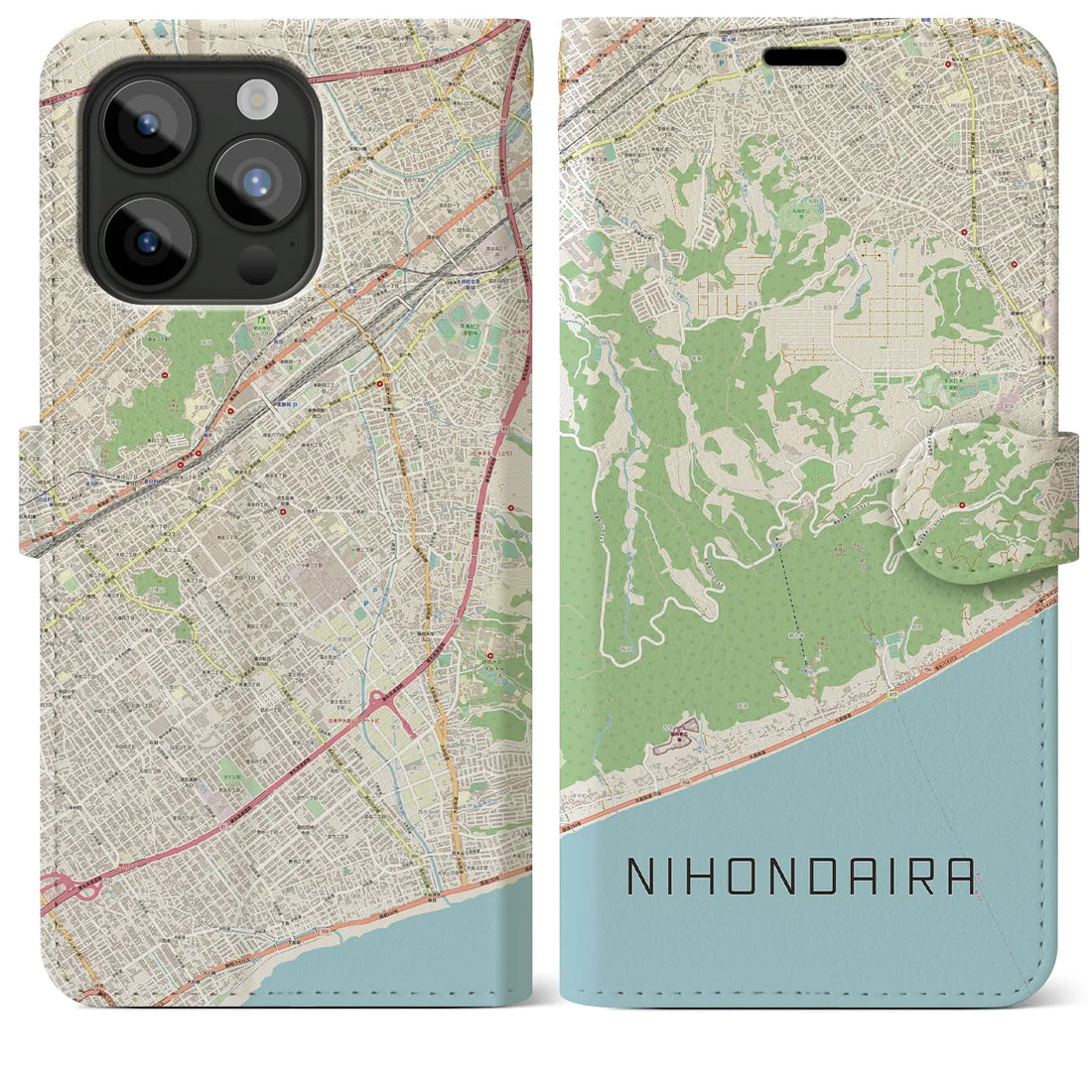 【日本平】地図柄iPhoneケース（手帳両面タイプ・ナチュラル）iPhone 15 Pro Max 用