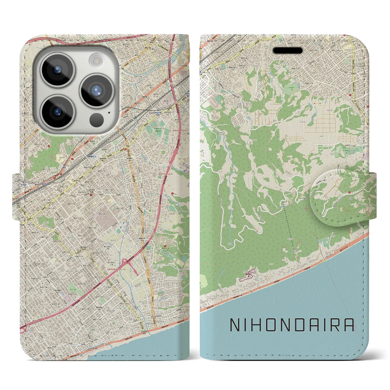 【日本平】地図柄iPhoneケース（手帳両面タイプ・ナチュラル）iPhone 15 Pro 用