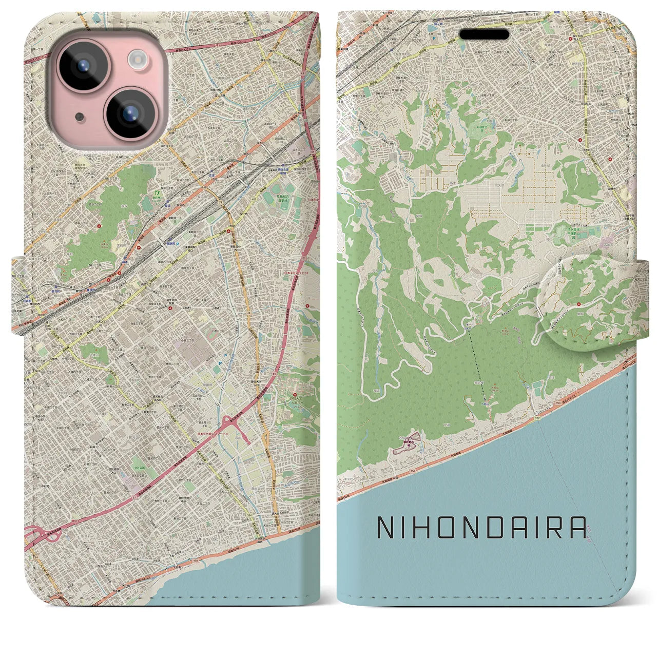 【日本平】地図柄iPhoneケース（手帳両面タイプ・ナチュラル）iPhone 15 Plus 用