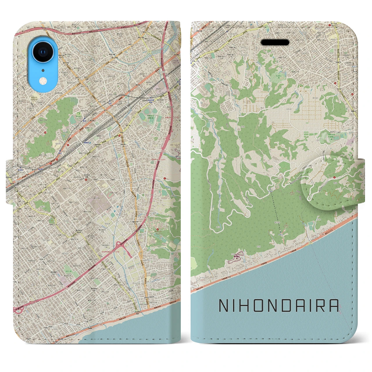 【日本平】地図柄iPhoneケース（手帳両面タイプ・ナチュラル）iPhone XR 用