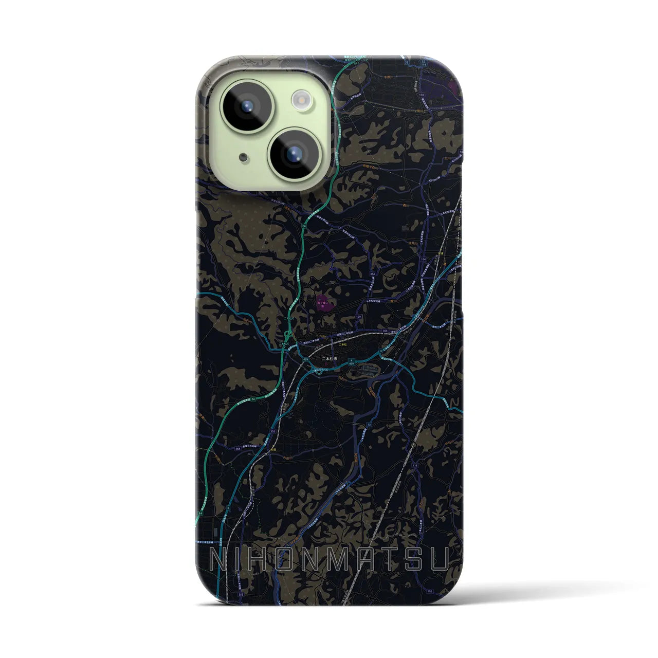 【二本松】地図柄iPhoneケース（バックカバータイプ・ブラック）iPhone 15 用