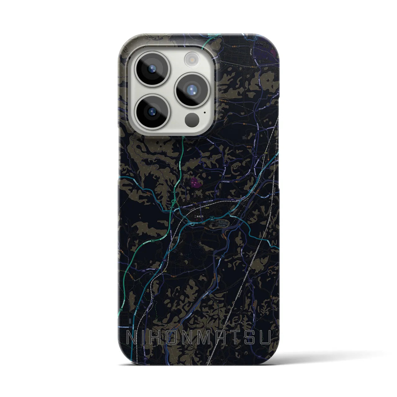 【二本松】地図柄iPhoneケース（バックカバータイプ・ブラック）iPhone 15 Pro 用