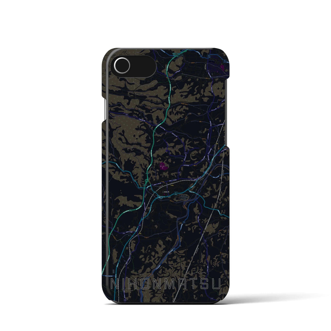 【二本松】地図柄iPhoneケース（バックカバータイプ・ブラック）iPhone SE（第3 / 第2世代） / 8 / 7 / 6s / 6 用