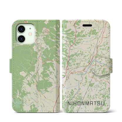 【二本松（福島県）】地図柄iPhoneケース（手帳タイプ）ナチュラル・iPhone 12 mini 用