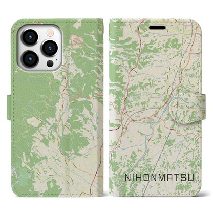 【二本松（福島県）】地図柄iPhoneケース（手帳タイプ）ナチュラル・iPhone 13 Pro 用