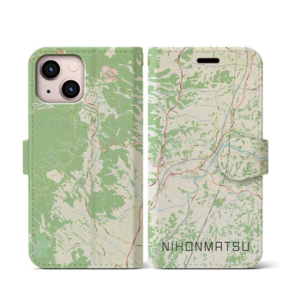 【二本松（福島県）】地図柄iPhoneケース（手帳タイプ）ナチュラル・iPhone 13 mini 用