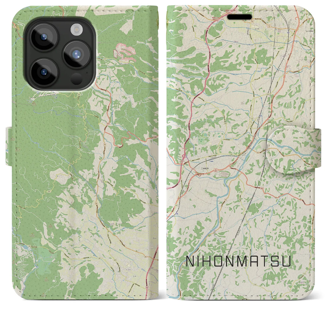 【二本松】地図柄iPhoneケース（手帳両面タイプ・ナチュラル）iPhone 15 Pro Max 用