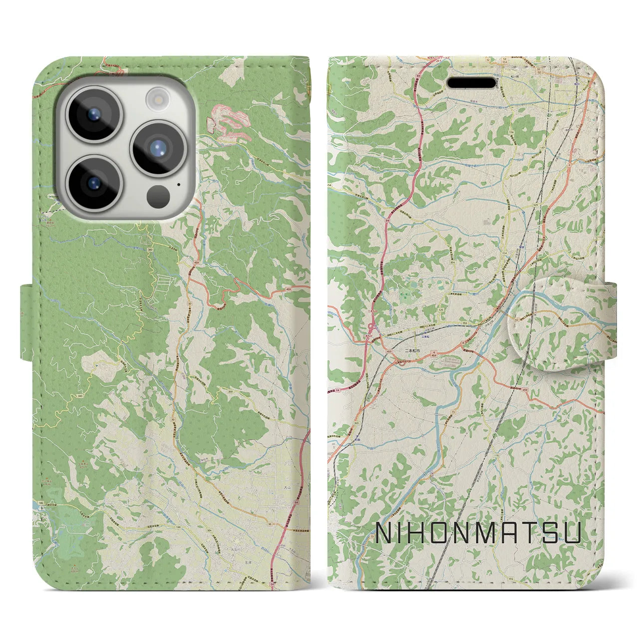 【二本松】地図柄iPhoneケース（手帳両面タイプ・ナチュラル）iPhone 15 Pro 用