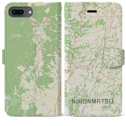 【二本松（福島県）】地図柄iPhoneケース（手帳タイプ）ナチュラル・iPhone 8Plus /7Plus / 6sPlus / 6Plus 用