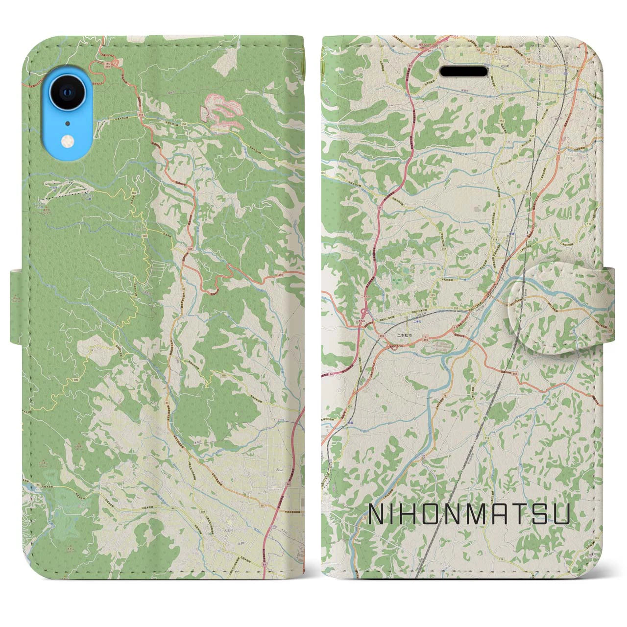 【二本松】地図柄iPhoneケース（手帳両面タイプ・ナチュラル）iPhone XR 用