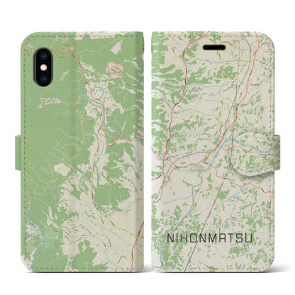 【二本松（福島県）】地図柄iPhoneケース（手帳タイプ）ナチュラル・iPhone XS / X 用
