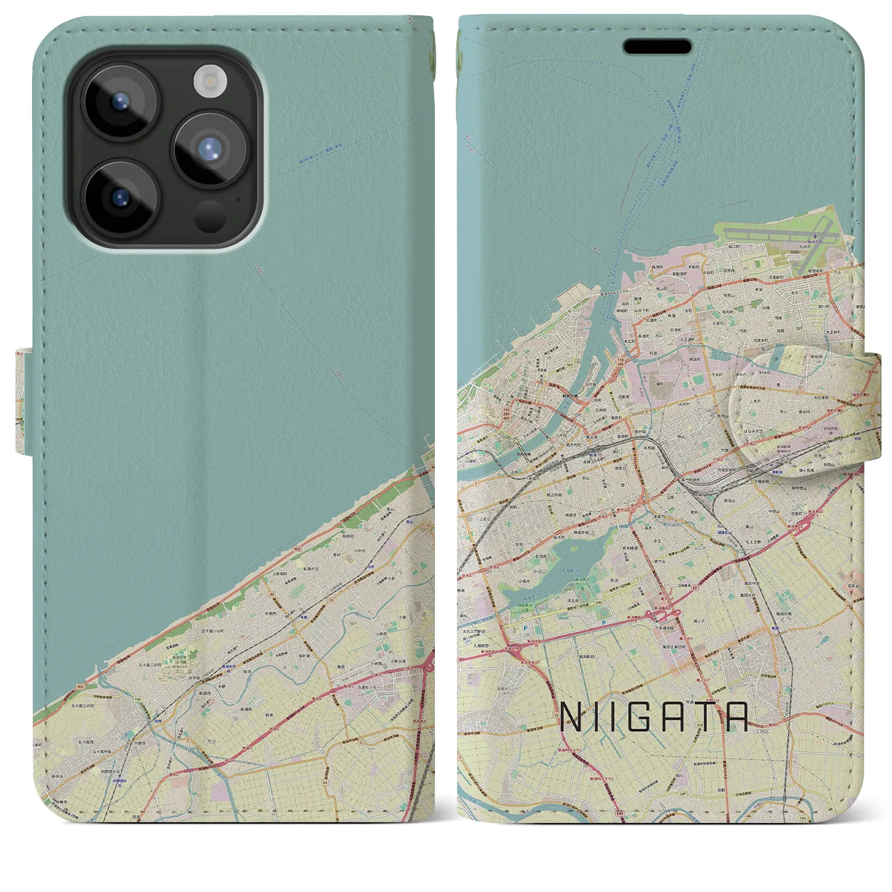 【新潟】地図柄iPhoneケース（手帳両面タイプ・ナチュラル）iPhone 15 Pro Max 用