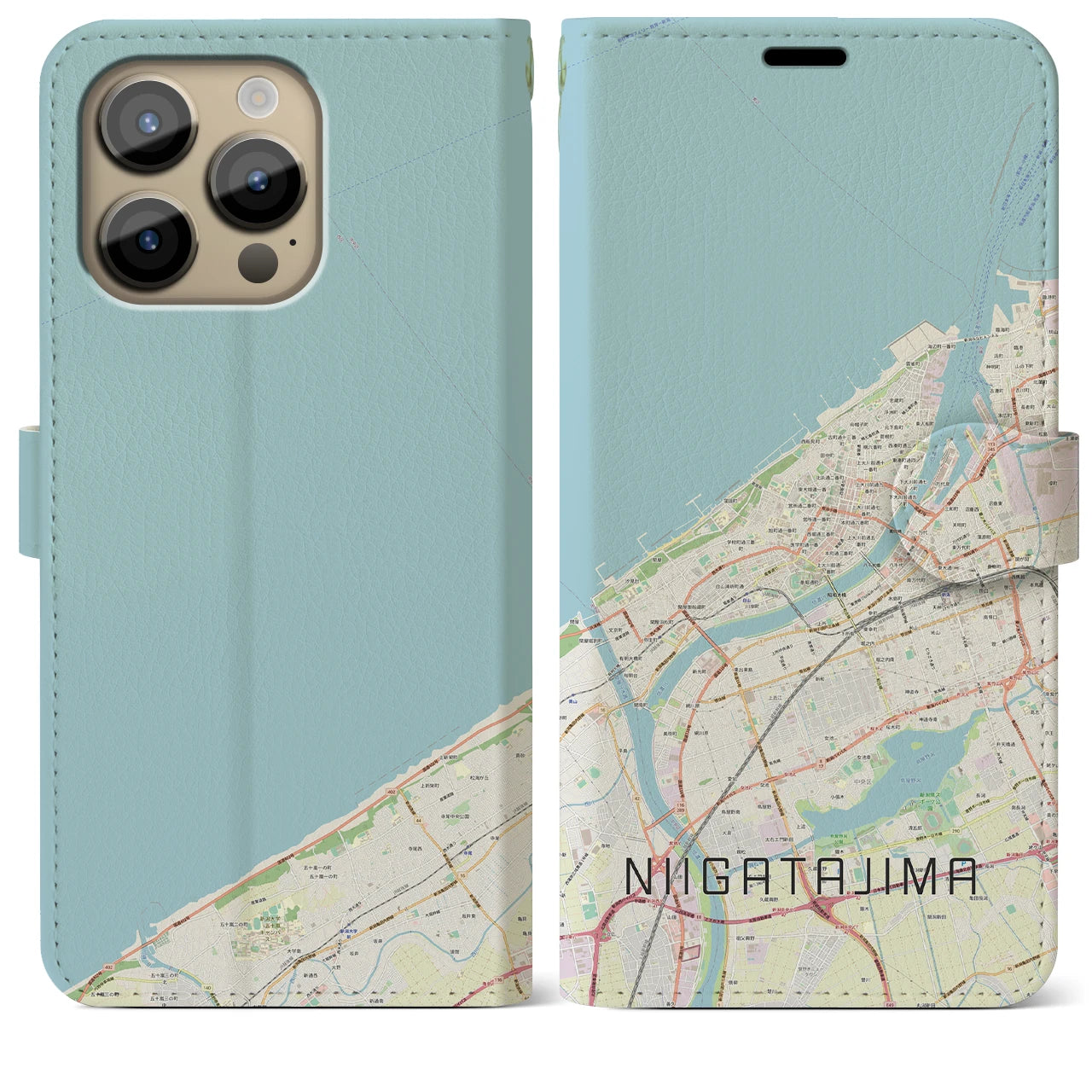 【新潟島】地図柄iPhoneケース（手帳両面タイプ・ナチュラル）iPhone 14 Pro Max 用