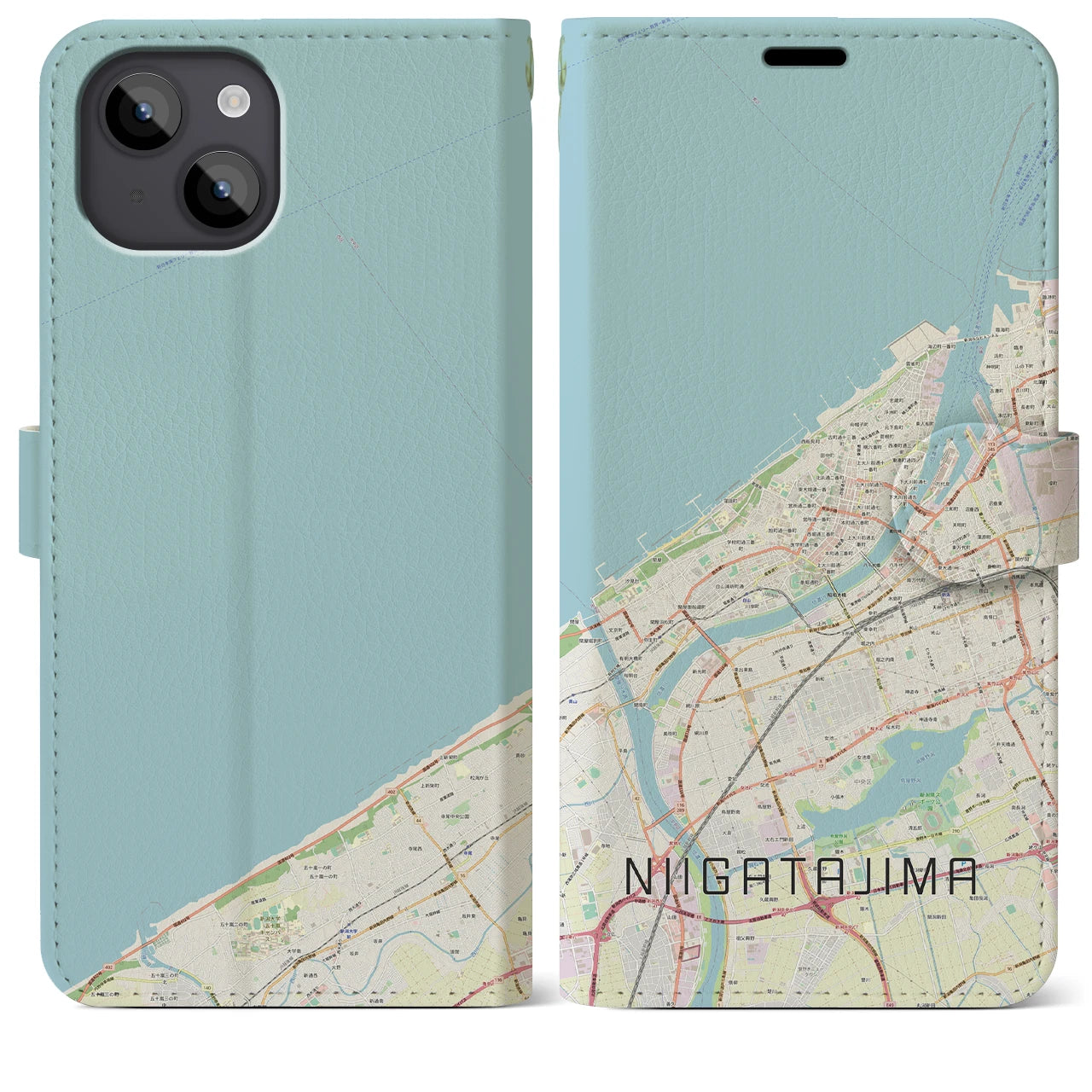 【新潟島】地図柄iPhoneケース（手帳両面タイプ・ナチュラル）iPhone 14 Plus 用