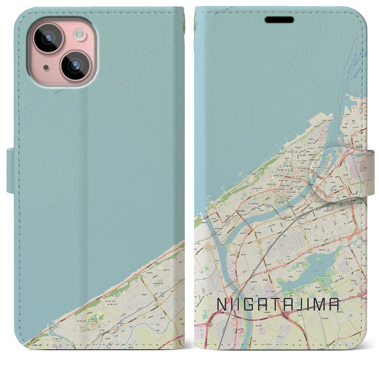 【新潟島】地図柄iPhoneケース（手帳両面タイプ・ナチュラル）iPhone 15 Plus 用