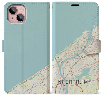 【新潟島（新潟県）】地図柄iPhoneケース（手帳タイプ）ナチュラル・iPhone 15 Plus 用